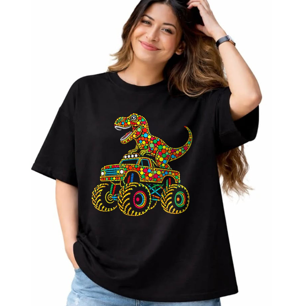 Best Dinosaur Lover Shirt, Funny Dinosaur UnisexT-Shirt/Hoodie/Sweatshirt HLT00 - Colorful Polka Dot Dinosaur Riding Monster Truck Toddler Boy T-Shirt