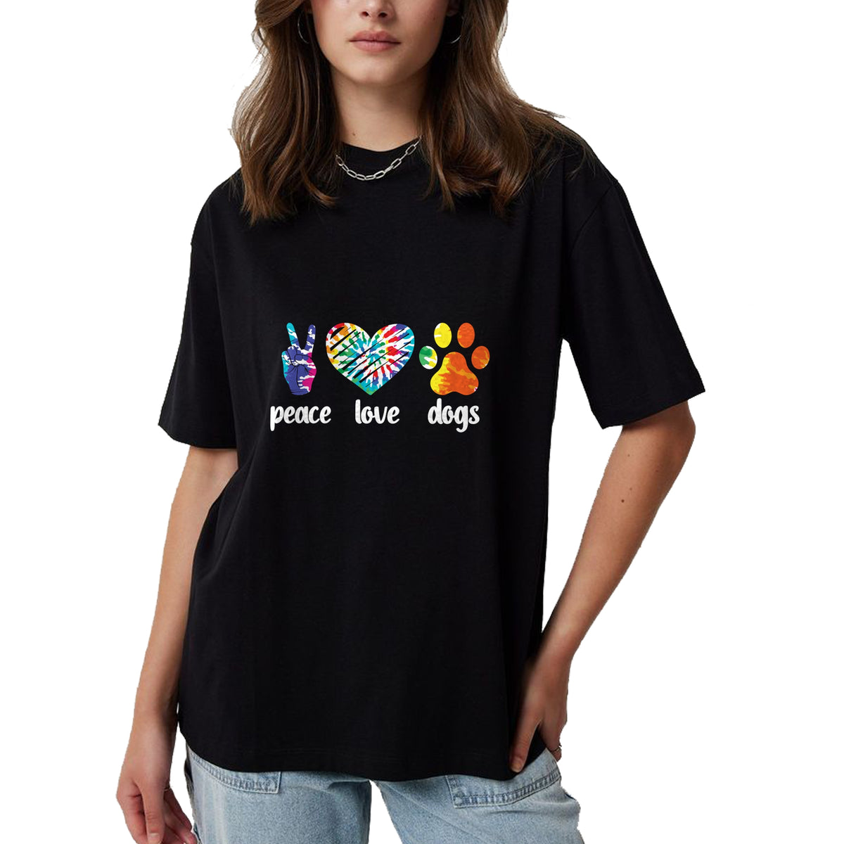 Dog Love Shirt, Dog Lover Gift T-Shirt/Hoodie/Sweatshirt HLT00 - Peace Love Dogs Paws Tie Dye Rainbow Animal Rescue Long Sleeve T-Shirt