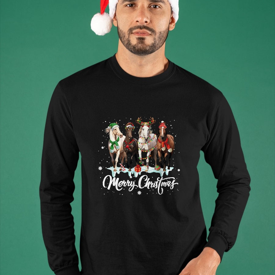 Best Horse Lover Shirt , Funny Horse UnisexT-Shirt/Hoodie/Sweatshirt HLT00 - Merry Christmas Horse Lover Santa Hat Xmas Holiday Snow Long Sleeve T-Shirt