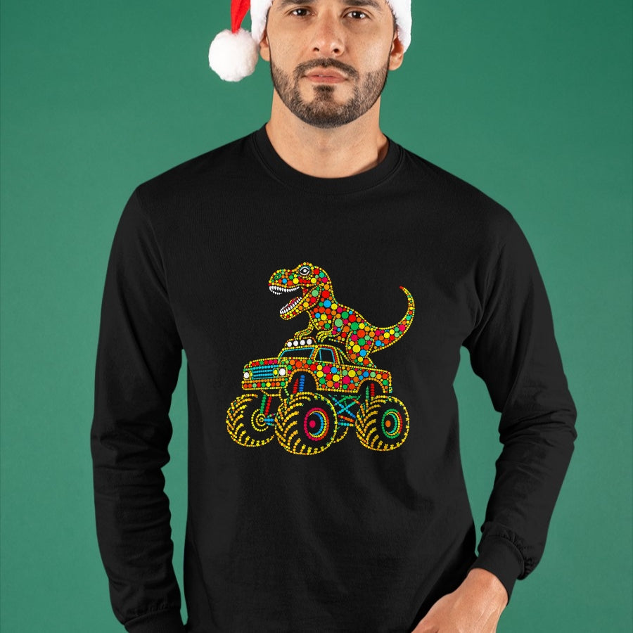 Best Dinosaur Lover Shirt, Funny Dinosaur UnisexT-Shirt/Hoodie/Sweatshirt HLT00 - Colorful Polka Dot Dinosaur Riding Monster Truck Toddler Boy T-Shirt