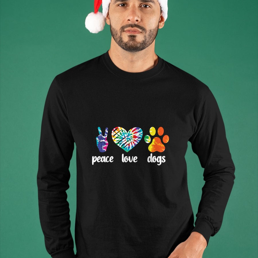 Dog Love Shirt, Dog Lover Gift T-Shirt/Hoodie/Sweatshirt HLT00 - Peace Love Dogs Paws Tie Dye Rainbow Animal Rescue Long Sleeve T-Shirt