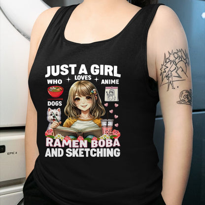 Dog Love Shirt, Dog Lover Gift T-Shirt/Hoodie/Sweatshirt HLT00 - Just A Girl Who Loves Anime Ramen Dogs Boba And Sketching T-Shirt