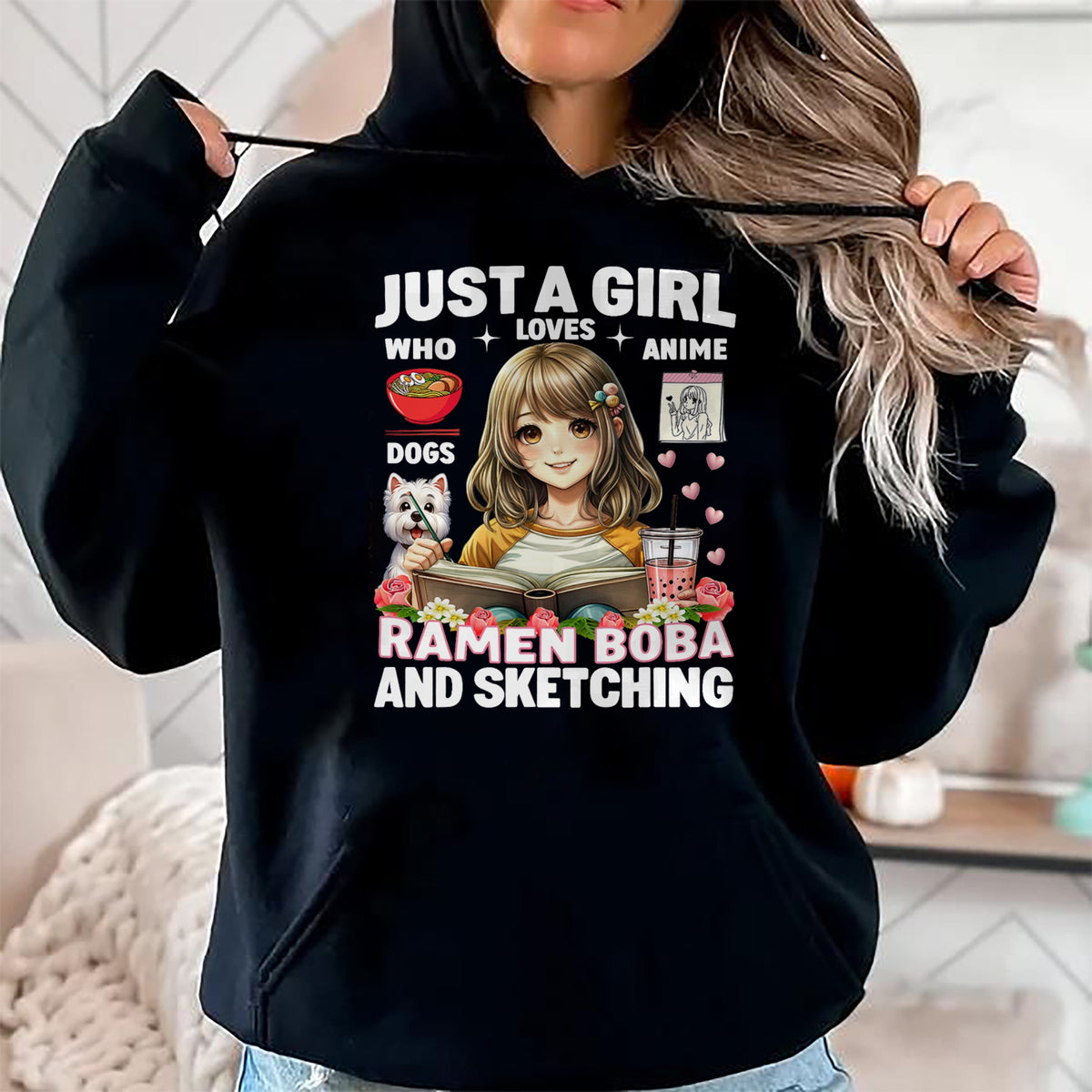 Dog Love Shirt, Dog Lover Gift T-Shirt/Hoodie/Sweatshirt HLT00 - Just A Girl Who Loves Anime Ramen Dogs Boba And Sketching T-Shirt