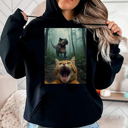 Best Dinosaur Lover Shirt, Funny Dinosaur UnisexT-Shirt/Hoodie/Sweatshirt HLT00 -Cat Selfie with T-Rex Dinosaur T-Shirt, Men, Black, 3X-Large