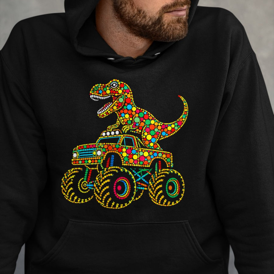 Best Dinosaur Lover Shirt, Funny Dinosaur UnisexT-Shirt/Hoodie/Sweatshirt HLT00 - Colorful Polka Dot Dinosaur Riding Monster Truck Toddler Boy T-Shirt