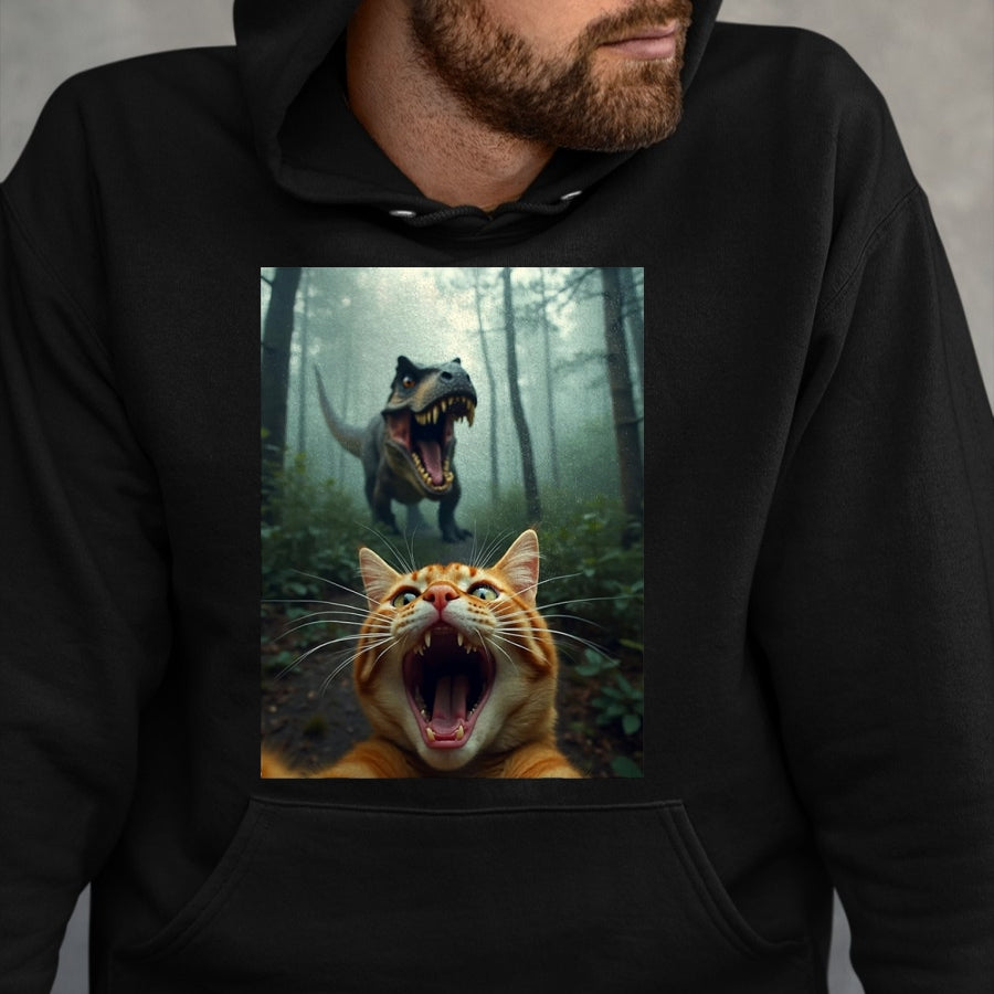 Best Dinosaur Lover Shirt, Funny Dinosaur UnisexT-Shirt/Hoodie/Sweatshirt HLT00 -Cat Selfie with T-Rex Dinosaur T-Shirt, Men, Black, 3X-Large