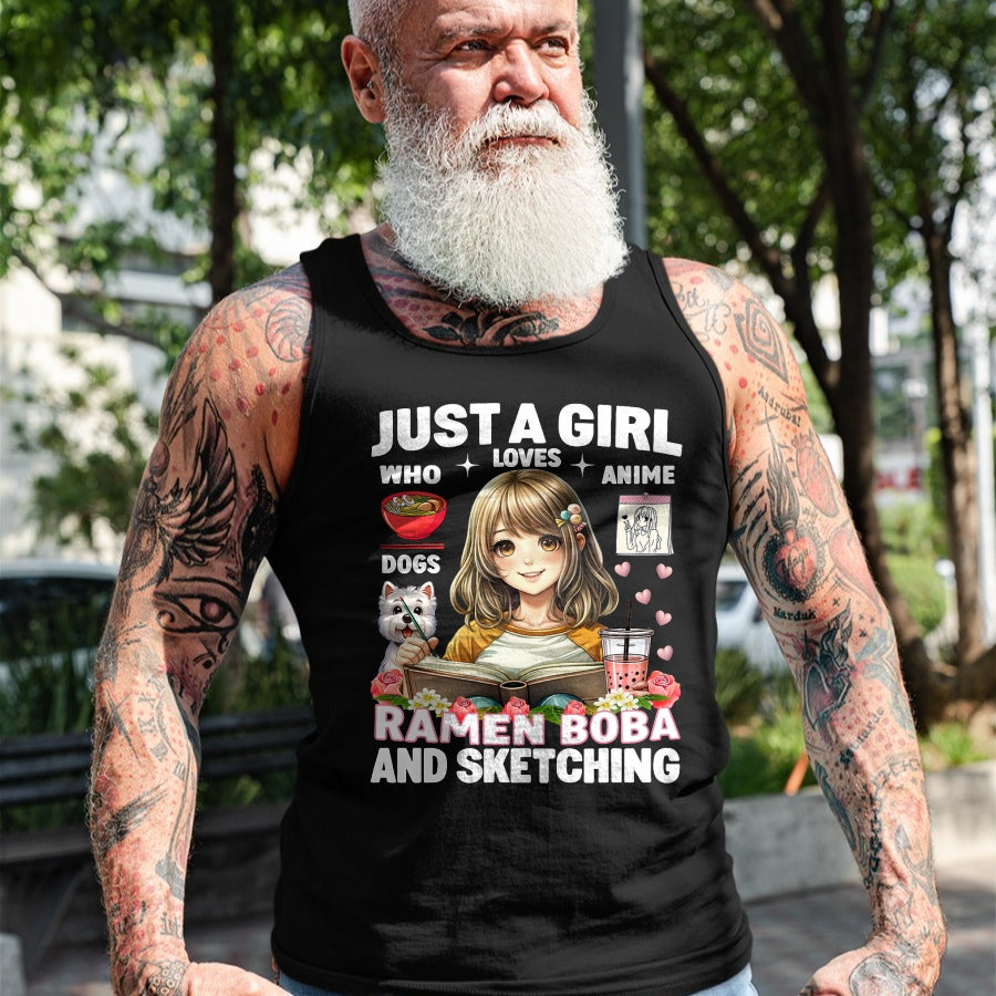 Dog Love Shirt, Dog Lover Gift T-Shirt/Hoodie/Sweatshirt HLT00 - Just A Girl Who Loves Anime Ramen Dogs Boba And Sketching T-Shirt