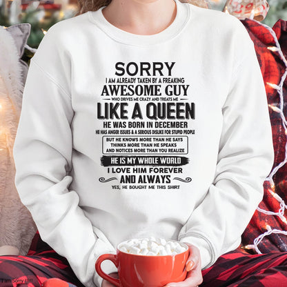 December - Sorry I am already taken by a freaking awesome guy - Gift for Wife From Husband - TOBY12 (SKU08-25-12)