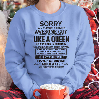 February - Sorry I am already taken by a freaking awesome guy - Gift for Wife From Husband - TOBY02 (SKU08-25-02)