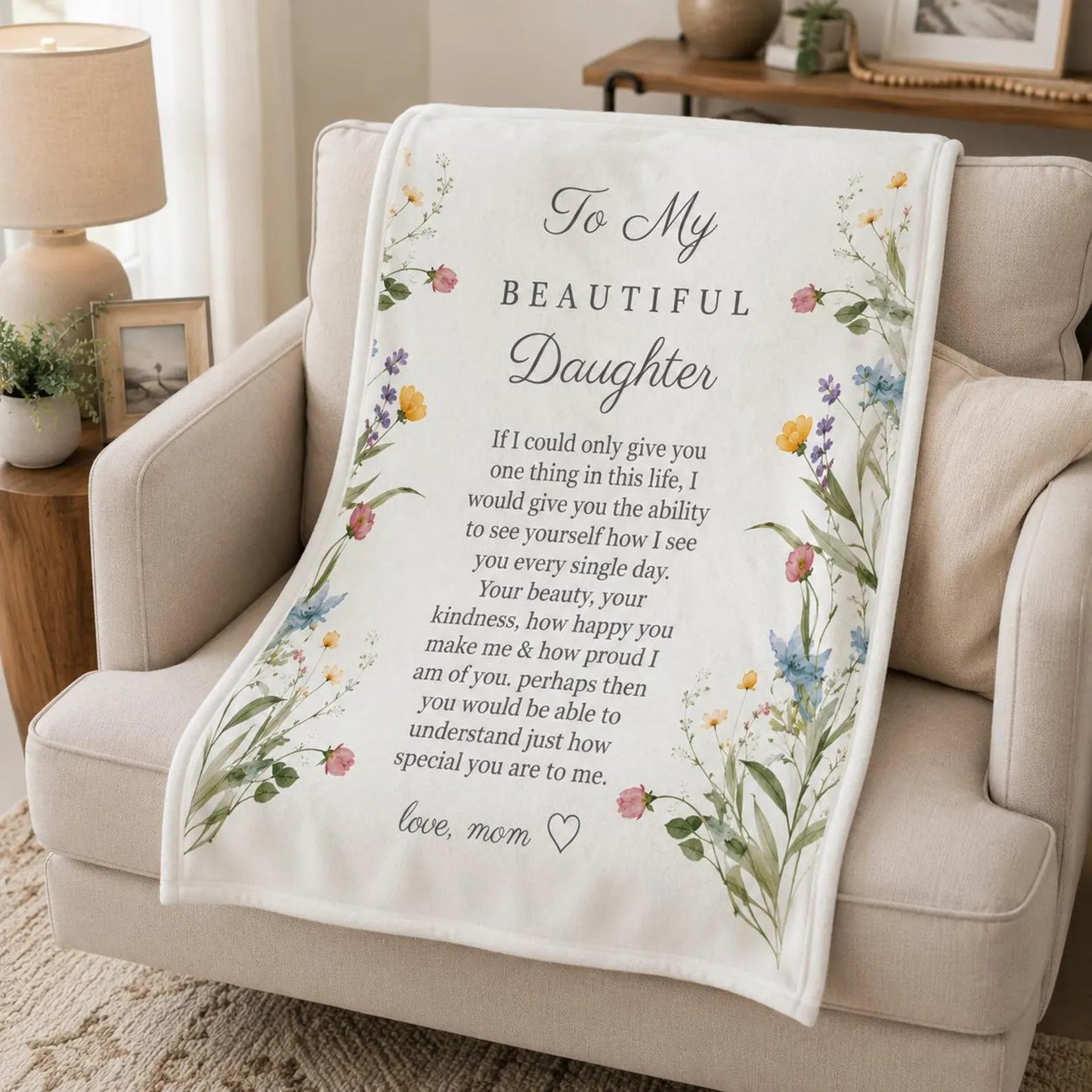 To My Beautiful Daughter: To See Yourself The Way I Do, A Loving Hug Just For You | Wildflower Blanket From Mom - Toby00 (Copy)