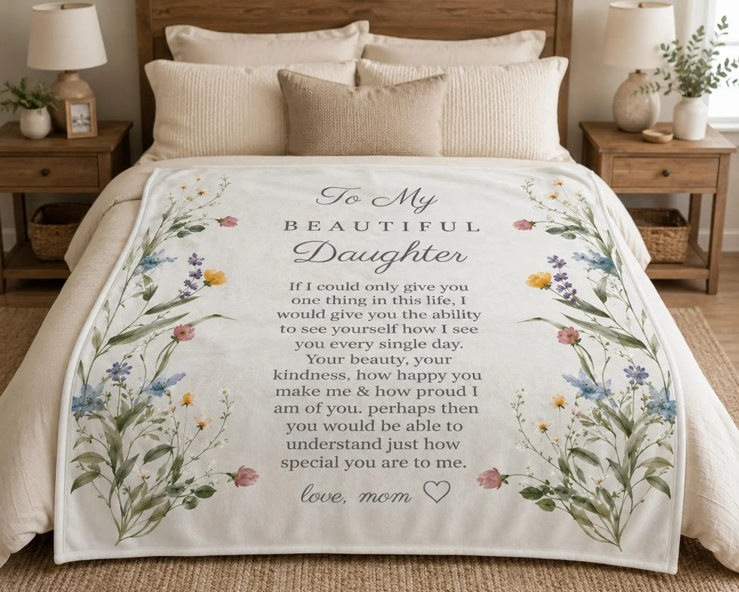 To My Beautiful Daughter: To See Yourself The Way I Do, A Loving Hug Just For You | Wildflower Blanket From Mom - Toby00 (Copy)