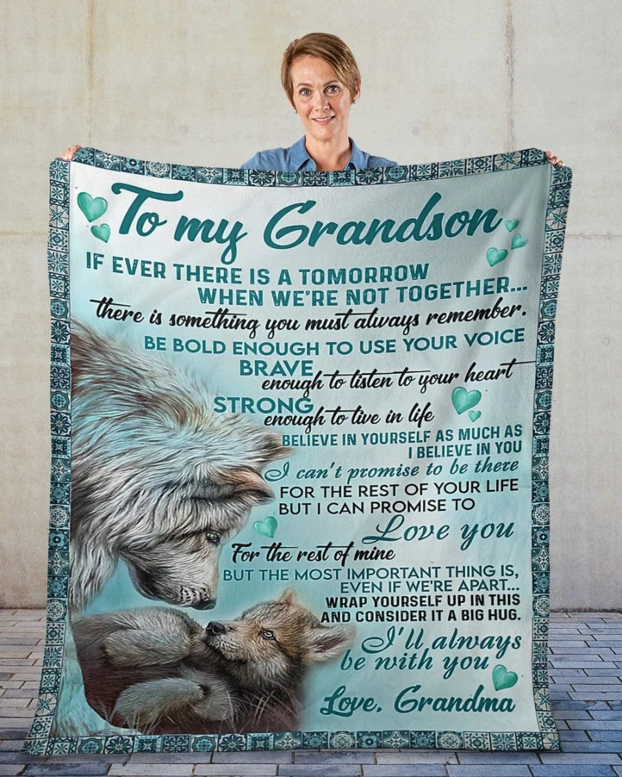 "Be Bold, Be Brave, Be Strong" Wolf Blanket for Grandson – From Grandma - Toby00
