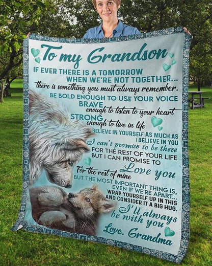 "Be Bold, Be Brave, Be Strong" Wolf Blanket for Grandson – From Grandma - Toby00