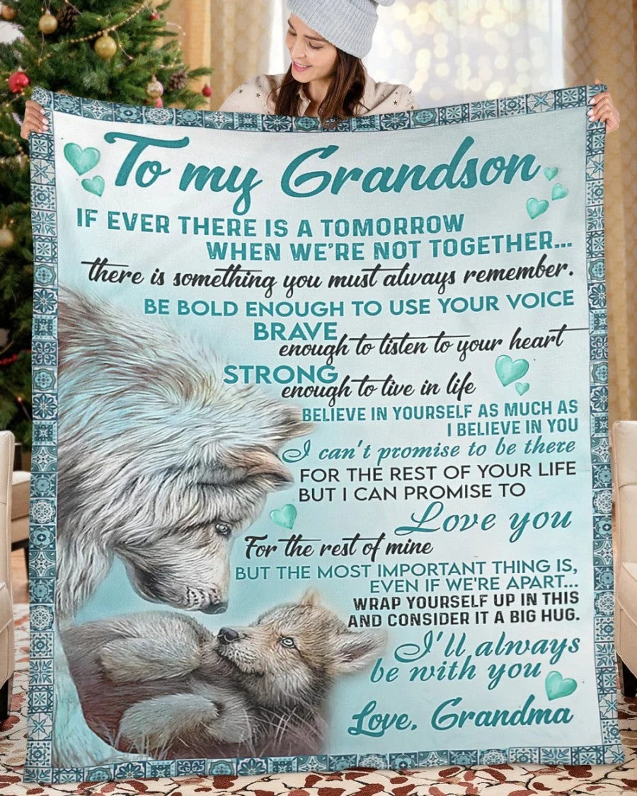 "Be Bold, Be Brave, Be Strong" Wolf Blanket for Grandson – From Grandma - Toby00