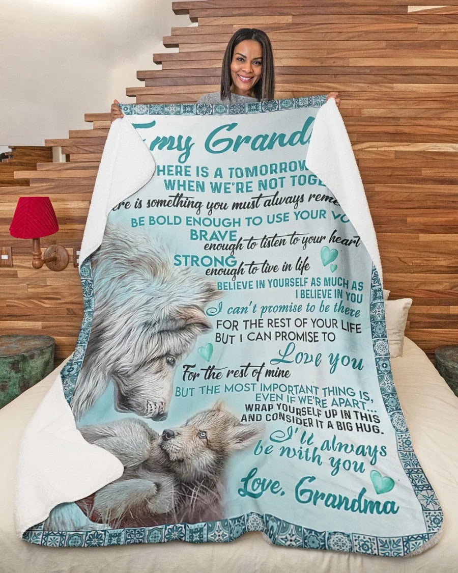 "Be Bold, Be Brave, Be Strong" Wolf Blanket for Grandson – From Grandma - Toby00