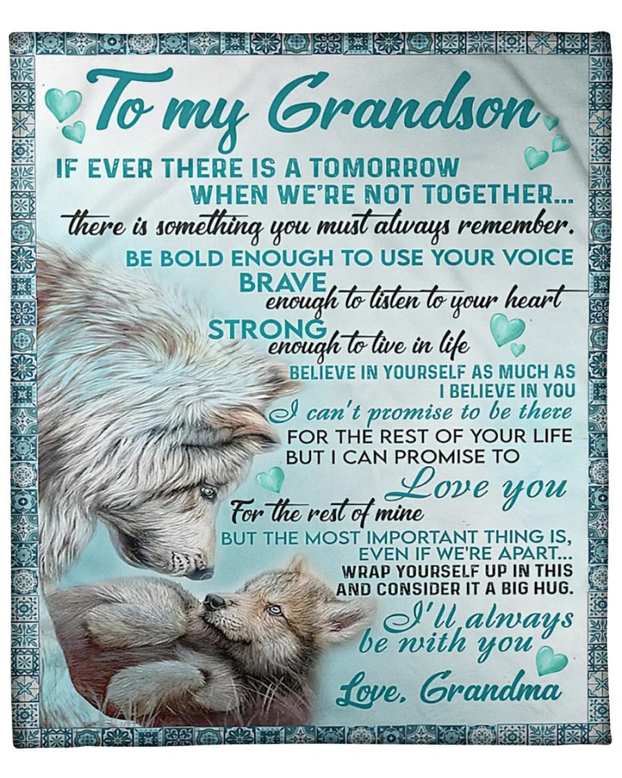 "Be Bold, Be Brave, Be Strong" Wolf Blanket for Grandson – From Grandma - Toby00